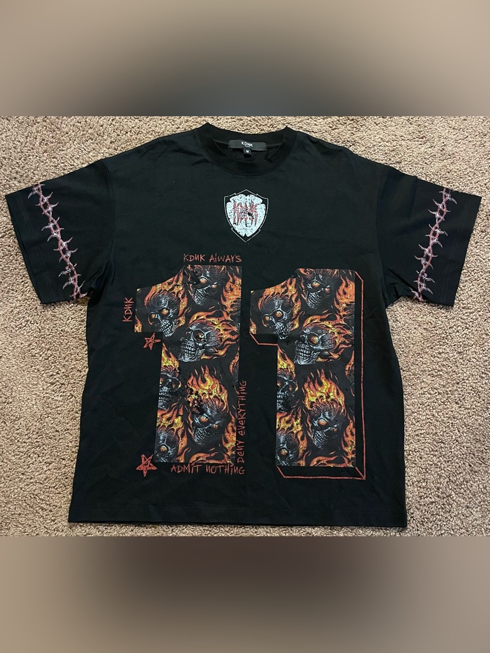KDNK Black Graphic Flame Skull Tee NWOT